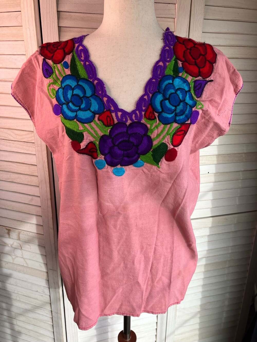 Mexican Embroidered Blouse Pink Floral Boho Hand Made